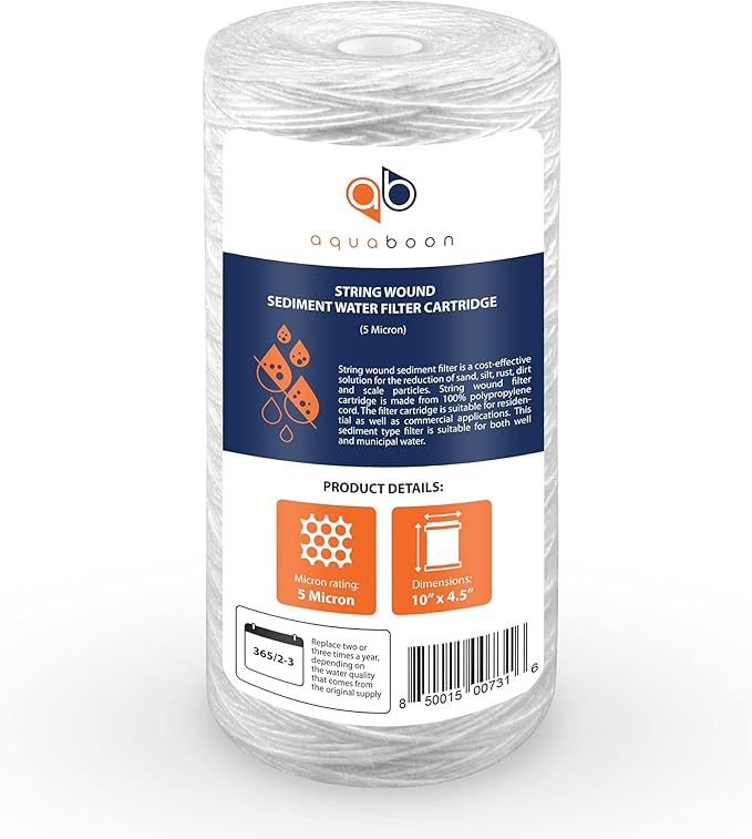 Aquaboon 5 Micron Water Filter 10 x 4.5 inch - String Wound Water Filter for Whole House System - Compatible with 84637, WPX5BB97P, PC10, 355214-45, 355215-45, WP10BB97P, WP5BB97P (4 Pack)