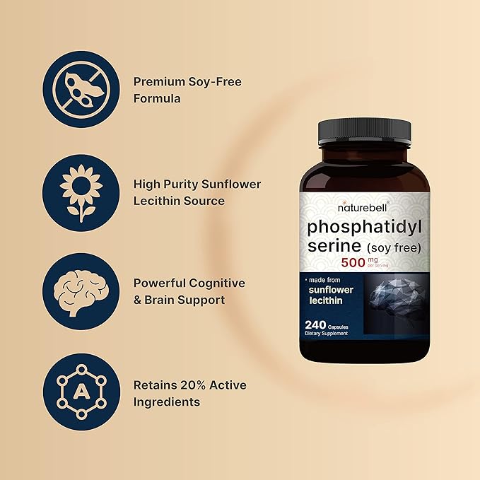 Ultra Strength Phosphatidylserine Supplement 500mg Per Serving, 240 Capsules | Soy Free, Derived from Sunflower Lecithin – Supports Cognitive Health and Brain Function – Non-GMO