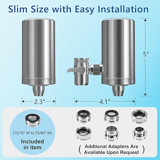 Faucet Water Filter, 1200-Gallons Water Faucet Filtration System, 304 Stainless Steel Tap Water Filter with with Dual 360-degree Swivels, Remove Chlorine, Lead, Odors, Bad Tastes and More