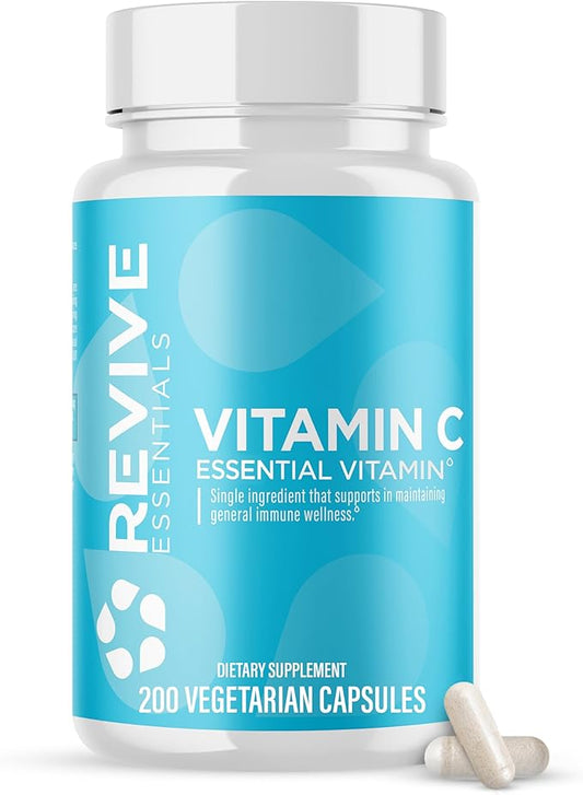 Revive MD Vitamin C Capsules, 1000mg - High-Potency VIT C Ascorbic Acid Dietary Supplement for Immune Support & Antioxidant Health - No Fillers & Non-GMO - 200 Vegetarian Capsules