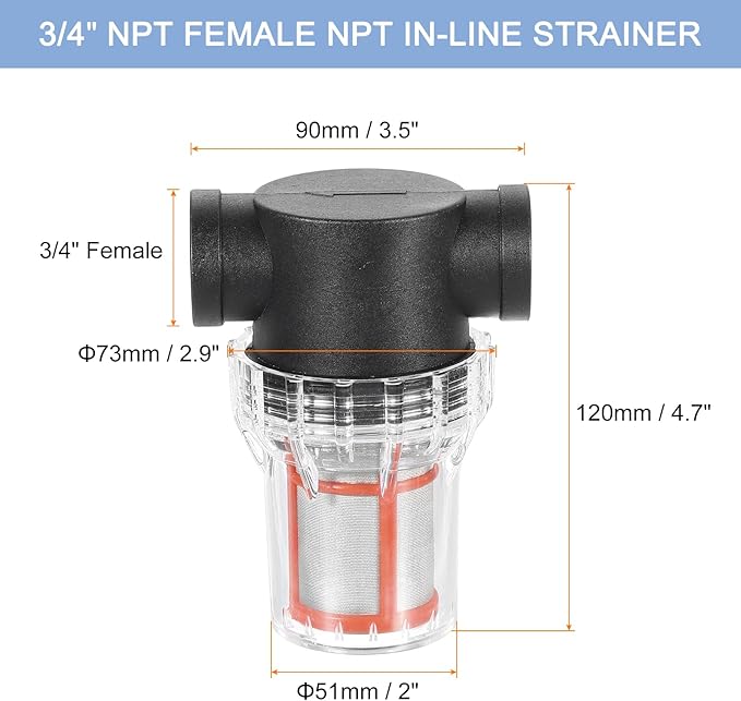 uxcell Pressure Washer Filter 3/4" NPT Female Thread, Inline Mesh Strainer Attachment, Stainless Steel Screen with Sealant Tape for Outdoor Gardening Inlet Water (Size:200 Mesh)