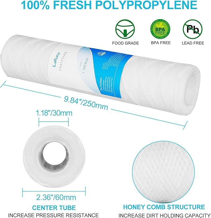 1 Micron 10" x 2.5" String Wound Sediment Water Filter Cartridge,5 Pack,Whole House Sediment Filtration, Universal Replacement for Most 10 inch RO Unit