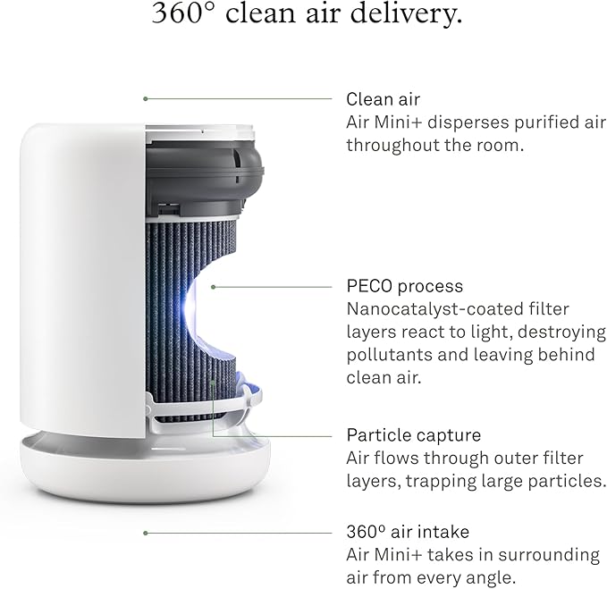 Molekule Air Purifier Mini+ - Purifies Rooms Up to 250 Sq Ft - Smart Purifier with High Pollutant Capture Rate - Air Quality Monitoring Capabilities - White