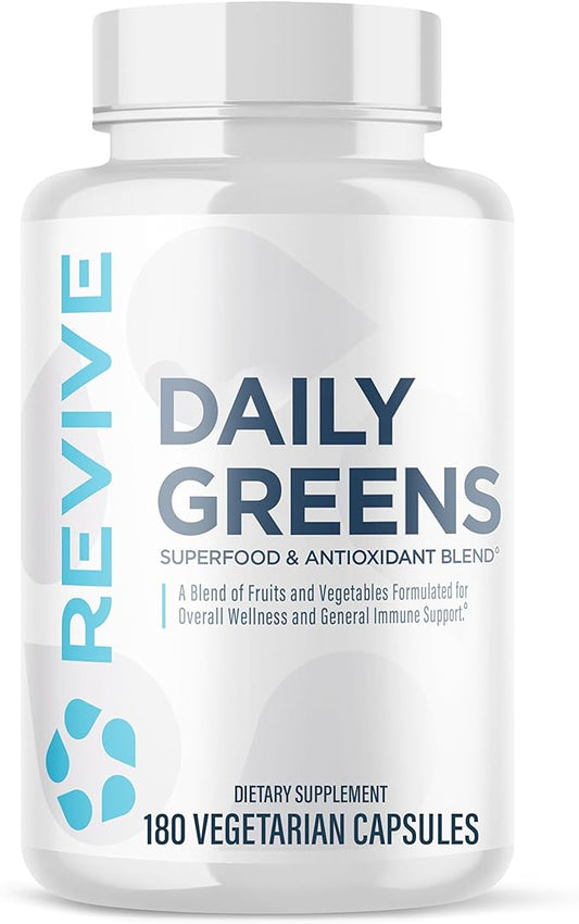 Revive MD Daily Greens Supplement for Men & Women - Superfood & Antioxidant Blend with Digestive Enzymes, Prebiotics & Probiotics for Immune Support, Digestive & Gut Health - 180 Capsules