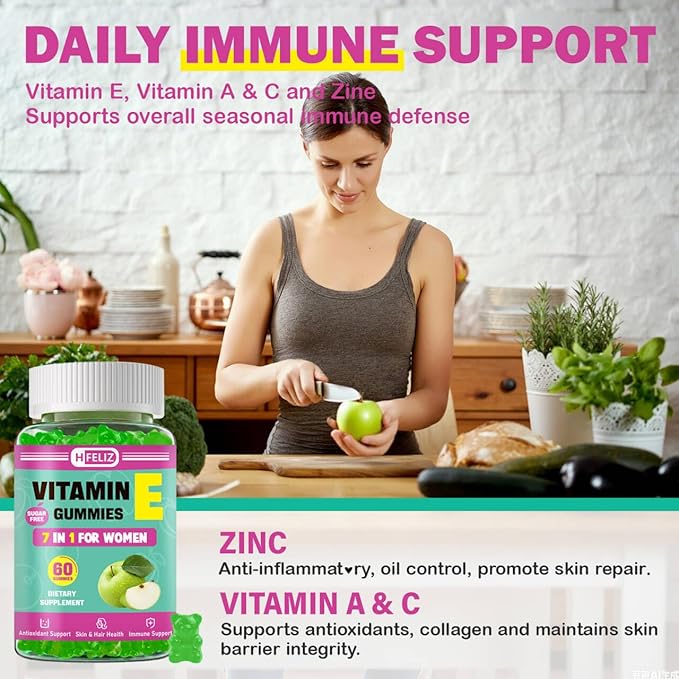 Vitamin E 400 IU Gummies, Vitamin E Supplements for Women, with VIT A, C, Biotin, Zinc, Hyaluronic Acid & Silica for Antioxidant, Immune Health, Skin & Hair, 60 Ct