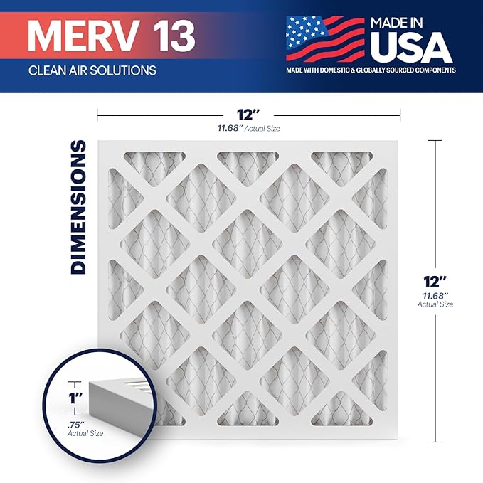 BNX TruFilter 12x12x1 Air Filter MERV 13 (6-Pack) - MADE IN USA - Electrostatic Pleated Air Conditioner HVAC AC Furnace Filters for Allergies, Pollen, Mold, Bacteria, Smoke, Allergen, MPR 1900 FPR 10