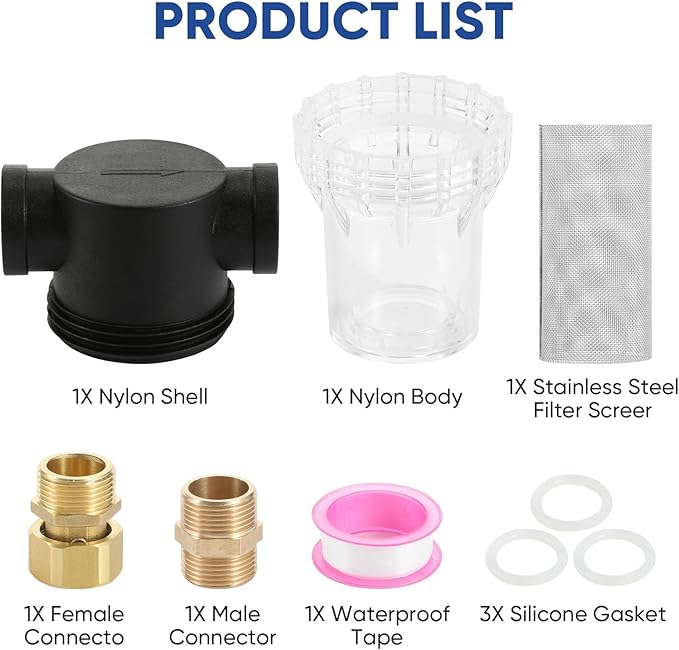 Garden Hose Filter Attachment Line Water Hose Filter with 3/4-inch（DN20） 40 Mesh Screen2Pcs O-Ring and PTFE Tape, Garden Hose Filter Pressure Washer Inlet for RV Camping Car Wash Water Hose