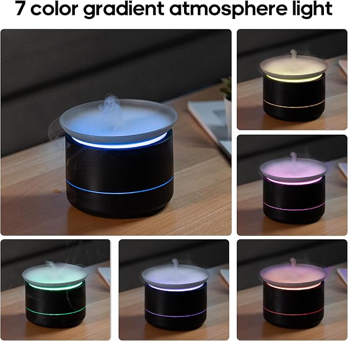 Essential Oil Diffusers, 200ml Aromatherapy Diffuser, Cool Mist Humidifier with 2 Dynamic Modes, Small Diffuser with 7 Color Lights for Home Office Room, Black