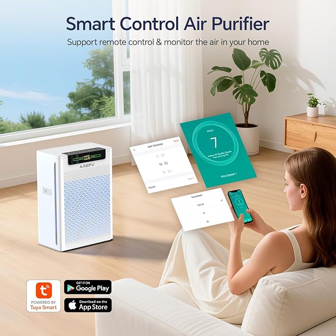 AMEIFU Air Purifiers for Home Large Room, Up to 2600 ft² with Smart WiFi APP Control, Hepa Air Purifier with Washable Filters, PM 2.5 Display for Bedroom, Pets Hair, Pollen, Dander, Smoke