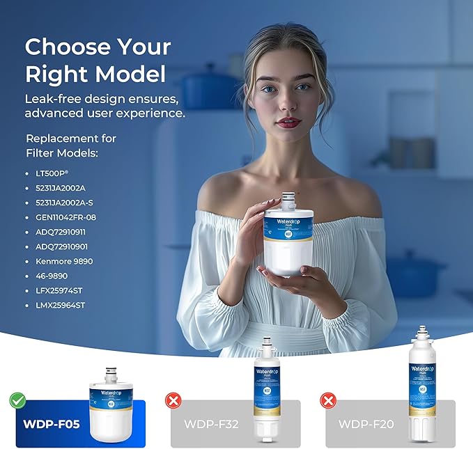 Waterdrop Plus 5231JA2002A NSF 401&53 Refrigerator Water Filter, Reduce PFAS, Replacement for LG® LT500P®, ADQ72910911, ADQ72910901, Kenmore 9890, GEN11042FR-08 (Package May Vary)