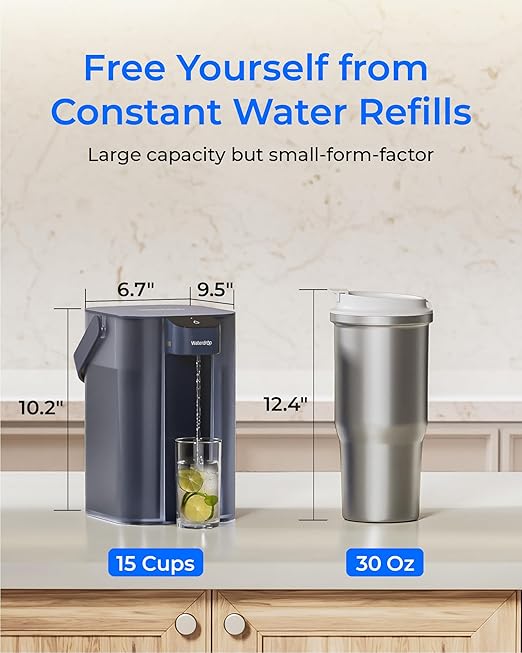 Waterdrop Rechargeable Water Filter Dispenser, 200-Gallon Water Pitcher, Instant 15-Cup Countertop System, 10X Filtration Efficiency, Reduce 98% Chlorine and 20+ Contaminants, Navy Blue