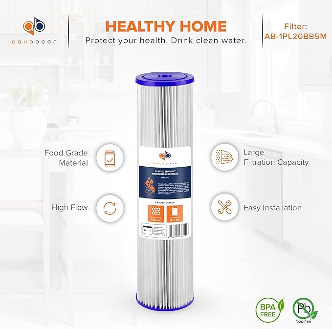 Aquaboon 20 Inch Whole House Pleated Water Sediment Filter Replacement 5 Micron Water Filter Cartridge Compatible with ECP5-20BB, SPC-45-2005, 10-Pack