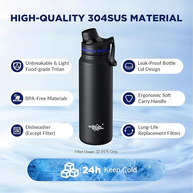 Membrane Solutions C3 Filtered Water Bottle, 32oz Stainless Steel Water Bottle with Replaceable Filter Cartridge, Portable Water Filter, Travel, Hiking & Camping for Drinking Water(Black)