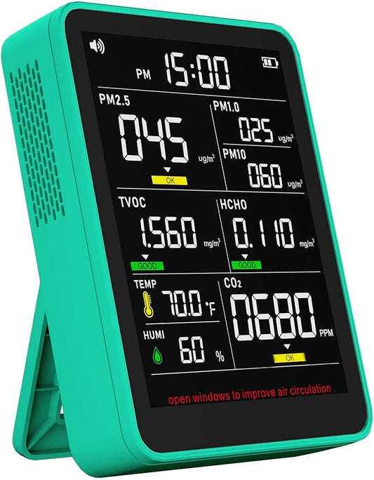 XOOPON 13-in-1 Indoor Air Quality Monitor with PM1.0/2.5/10, CO2, HCHO, TVOC, Temp, Humidity & Time, 4 Alarm Modes, Portable Air Quality Tester for Home, Office, Car, Wall-Mount or Desktop Use