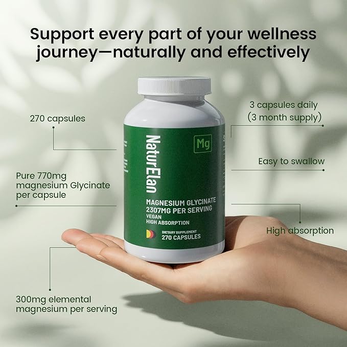 Magnesium Glycinate 2307mg, 270 Capsules, Pure Magnesium Supplements for Stress Relief, Sleep, Muscle, Nerve, Heart & Metabolism Support, Third-Party Tested, Vegan,Non-GMO & Gluten Free, Chelated