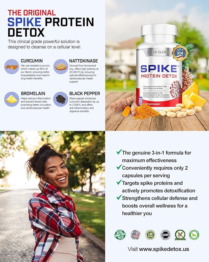 Spike Protein Detox - Spike Support Supplement with Nattokinase 4000Fu, Bromelain 500mg, Curcumin 1000mg - Unflavored Blend Promoting Improved Wellness - Made in The USA - 60 Capsules, 30 Day Supply