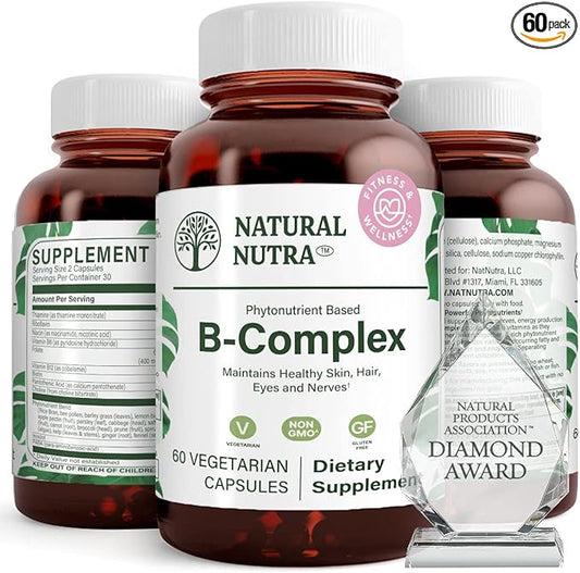 Natural Nutra Vitamin B Complex with Niacin, Folate, Thiamin, Biotin, Supports Nervous System Health, Promotes Metabolism, Skin, Eyes and Hair Health, Whole Food Supplement, 60 Vegetarian Capsules