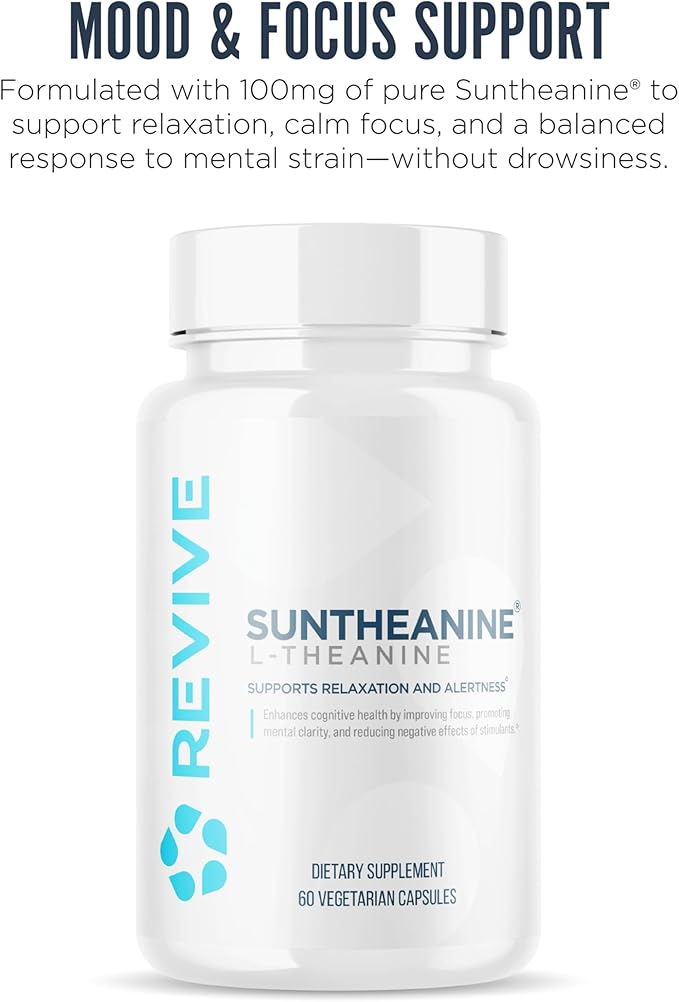 Revive MD Suntheanine L-Theanine Supplement for Men and Women - Supports Fatigue & Brain Function for Calm Mood, Mental Clarity, Focus & Relaxation - Vegan & Gluten-Free - 60 Vegetarian Capsules