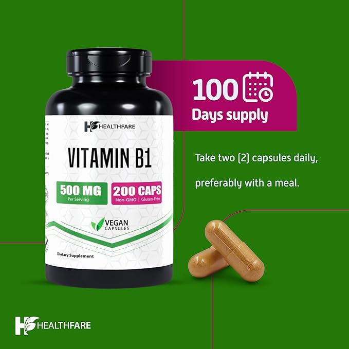 Vitamin B1 500mg | 200 Veg Capsules | Thiamine Supplement | Supports Overall Health | Non-GMO | Gluten-Free