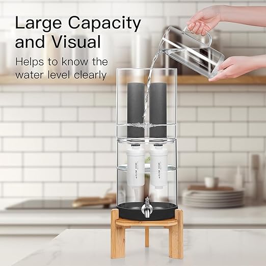 Glass Gravity-Fed Water Filter System, Countertop System with 2 Black NSF/ANSI 42 Certification Elements, 2 Fluoride, Metal Spigot and Stand, Reduces Fluoride and Chlorine, 2.25G