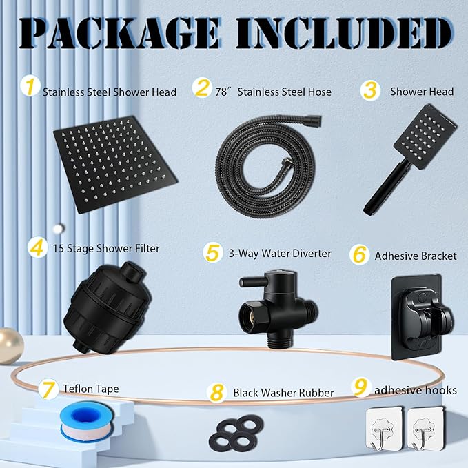 Filtered Rain Shower Head, High Pressure 8″Square, and All Metal Handheld Spray Combo with Stainless Steel Hose, Replacement 20 Stage Shower Filter for Hard Water, Matte Black