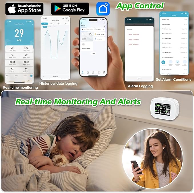 18-in-1 Smart Air Quality Monitor - Indoor WiFi Air Quality Detector with Dual Chip, Real-Time for AQI, CO2, PM2.5, PM1.0, PM10, TVOC, HCHO, Time Display, Temperature & Humidity with APP (White-Black)