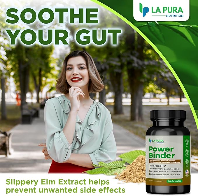 LaPura Power Binder Blend – Detox & Cleanse with Activated Charcoal, Organic Chlorella Powder & Slippery Elm Extract – Helps Alleviate Gas & Bloating – Promotes Natural Detoxification - 90 Capsules