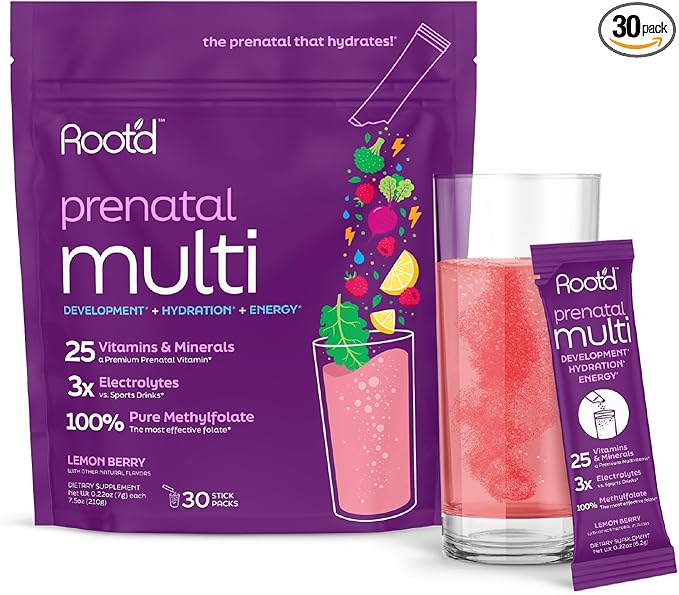 Root'd Prenatal Multivitamin Powder - 25 Vitamins & Minerals with 3x Electrolytes, Folate, Iron, D3 for Mom & Baby, 7 Superfood & Probiotics, Sugar-Free Vitamins & Hydration | 30 Vitamin Drink Packets