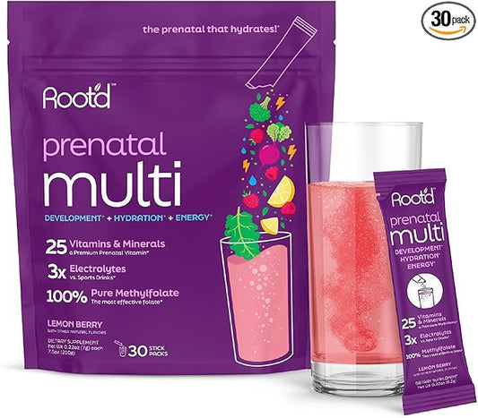 Root'd Prenatal Multivitamin Powder - 25 Vitamins & Minerals with 3x Electrolytes, Folate, Iron, D3 for Mom & Baby, 7 Superfood & Probiotics, Sugar-Free Vitamins & Hydration | 30 Vitamin Drink Packets