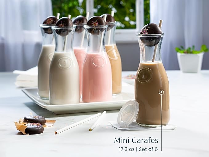 Glass Carafe Pitchers, by Kook, Mini Carafes- set of 6, Beverage Dispensers, Clear Jugs For Mimosas, Water, Wine, Milk and Juice, with Plastic Lids, Dishwasher Safe 17.3 oz