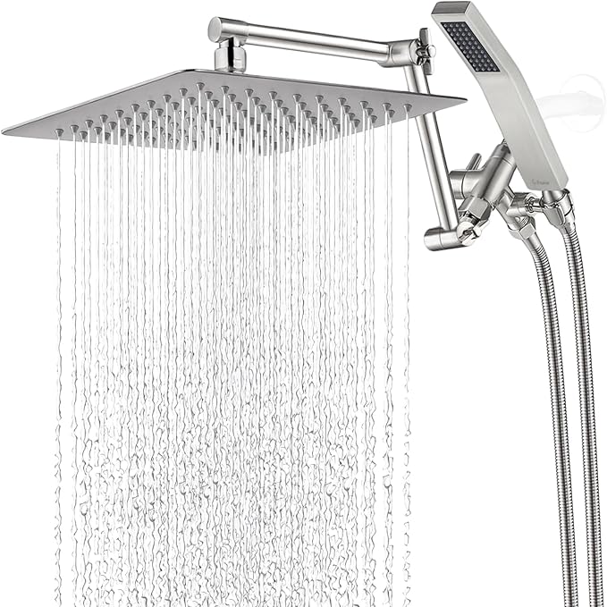 G-Promise All Metal 10 Inches Rainfall Shower Head with Handheld Spray Combo, 3 Settings Diverter, Adjustable Extension Arm with Lock Joints, 71 Inches Stainless Steel Hose (Brushed Nickel)