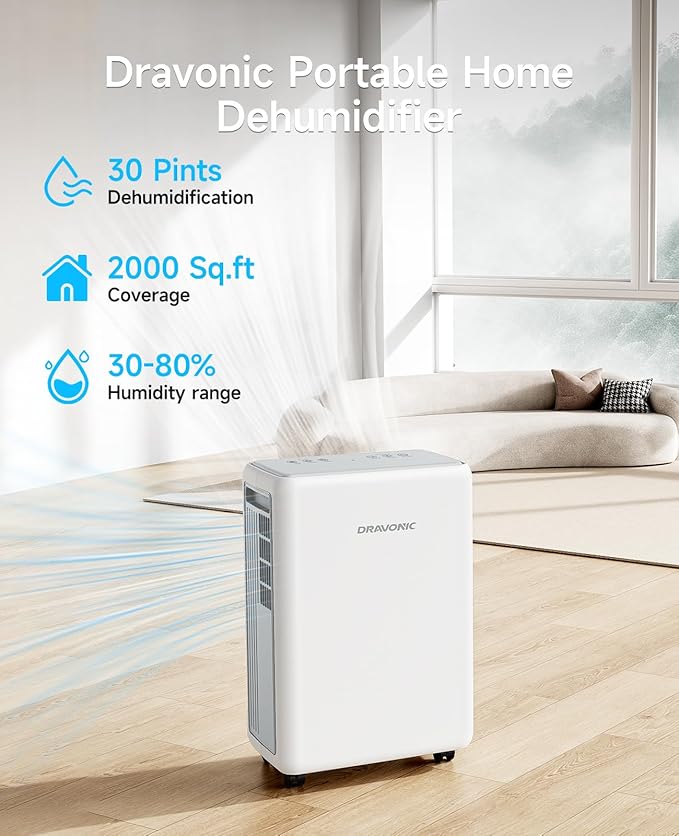 2000 Sq. Ft Dehumidifier for Basement, 30 Pint Dehumidifiers for Home, Bedroom and Bathroom, 3 Modes Dehumidifier with Drain Hose, Smart Humidity Control, 24H Timer (White and Gray)