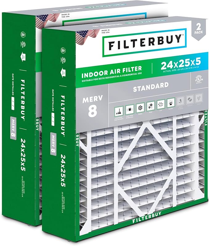 Filterbuy 24x25x5 Air Filter MERV 8 Dust Defense (2-Pack), Pleated HVAC AC Furnace Air Filters Replacement for Carrier FILXXCAR0024, Maytag, and More (Actual Size: 23.63 x 24.69 x 4.25 Inches)