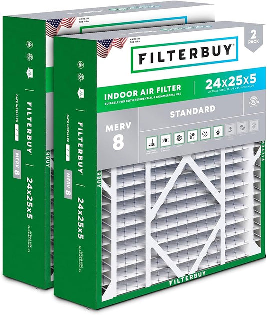 Filterbuy 24x25x5 Air Filter MERV 8 Dust Defense (2-Pack), Pleated HVAC AC Furnace Air Filters Replacement for Carrier FILXXCAR0024, Maytag, and More (Actual Size: 23.63 x 24.69 x 4.25 Inches)