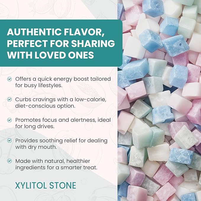 Xylitol Stone Sugar Free Candy - Vegan & Keto Friendly Unique Hard Candy - 100% Natural Flavor Candies - Gluten Free & Non-GMO Breath Freshener Mints - Pack of 3 (Strawberry, Green Grape, Lemon)