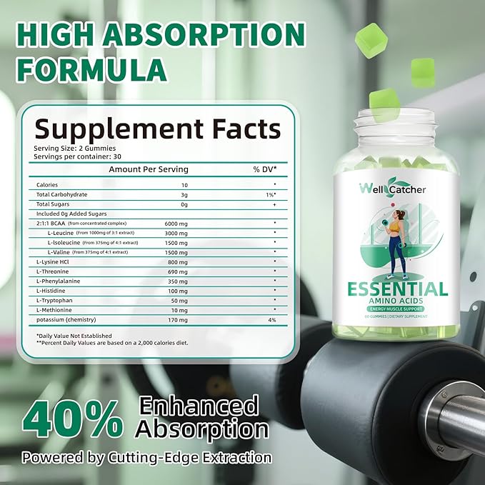 EAA Gummies Essential Amino Acids - All 9 Essential Aminos and All Branched-Chain Aminos (BCAAs) with Muscle Recovery, Energy Support Sugar Free Green Apple Flavor 30 Servings