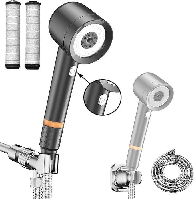High Pressure Showerhead with Filters, Filtered Shower Head Handheld with ON/OFF Switch,Extra Long 79-inch Hose and Adjustable Angle Bracket Extra Low-Reach Adhesive Wall Mount for Kids (Gray)