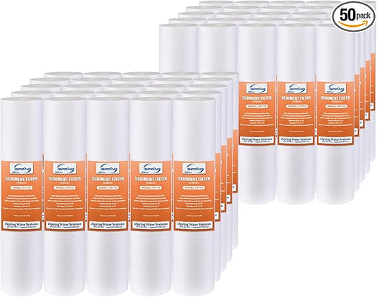 iSpring FP110X50 10 Micron, 50 Pack 10" x 2.5" Universal Multi-layer Sediment Water Filter Replacement Cartridges, White