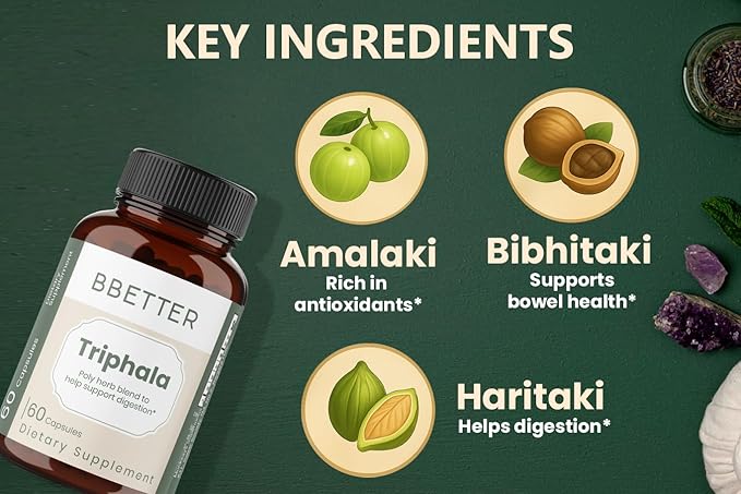 BBETTER Triphala – Ayurvedic Herbal Supplement with Amla, Haritaki & Bibhitaki for Occasional Constipation & Bloating – Supports Digestion, Healthy Bowel Function, Colon Cleanse & Detox -180 Capsules