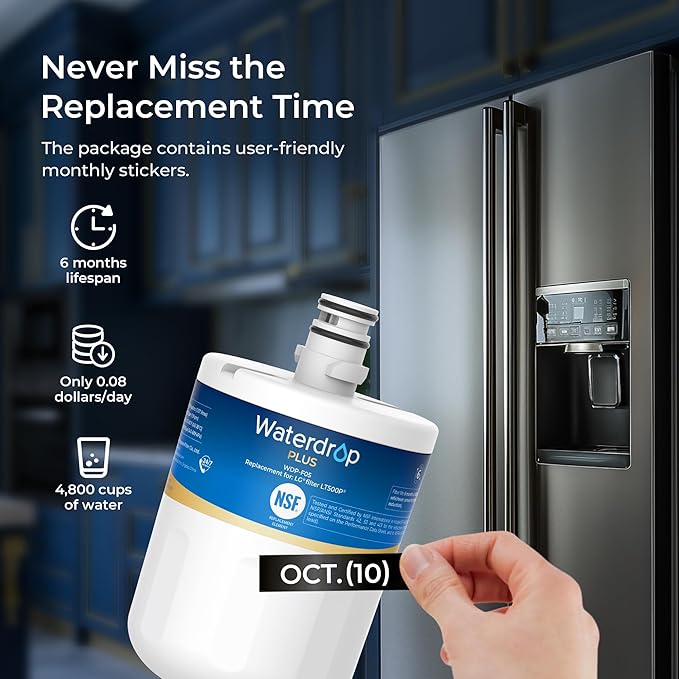 Waterdrop Plus 5231JA2002A NSF 401&53 Refrigerator Water Filter, Reduce PFAS, Replacement for LG® LT500P®, ADQ72910911, ADQ72910901, Kenmore 9890, GEN11042FR-08 (Package May Vary)