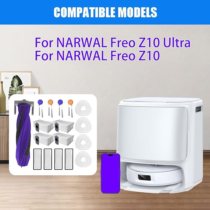 17 Pack Accessories Kits Replacement Parts for Narwal Freo Z10 Ultra/Freo Z10 Robot Vacuum Cleaner, 1 Main Brush, 4 Hepa Filters, 4 Wipe Cloths, 4 Dust Bags, 4 Side Brushes