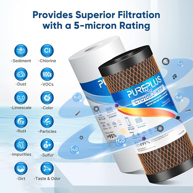 PUREPLUS 5 Micron 4.5" x 10" Whole House Water Filter Combo Kit with Sediment, KDF & Activated Carbon Block Filter, Replacement for RFC-BBSA, HD-950, WFHD13001B, WFHDC8001, FXHTC, GXWH40L,1PACK