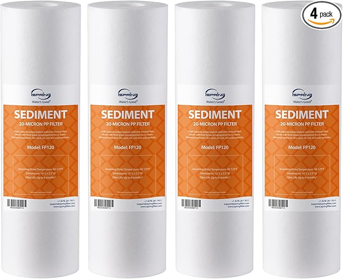 iSpring FP120X4 10"x2.5" Universal Sediment Water Filter Replacement Cartridges, 20 Micron Multi-layer Sediment Filter, 4 Pack