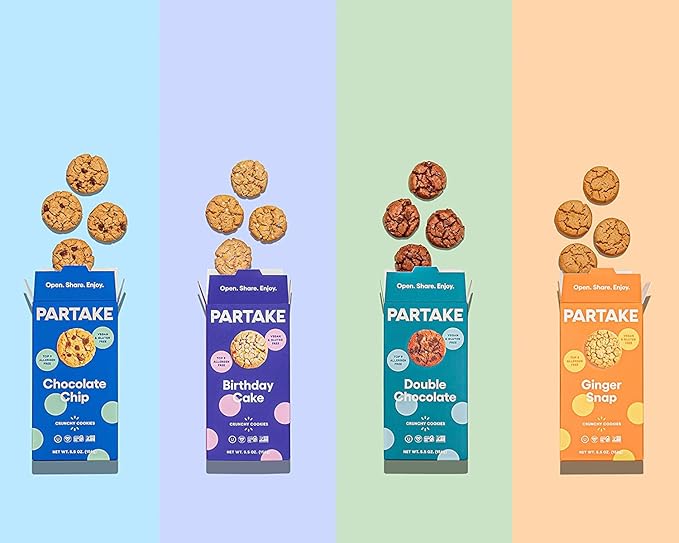 Partake Gluten Free Crunchy Cookies Variety Pack (Chocolate Chip, Ginger Snap, Graham Cracker) - Vegan - Free From the Top 9 Allergens Including Dairy, Wheat, Soy, Eggs, & Peanuts - Non GMO - Safe School & Office Snack (4 Pack, 5.5oz Boxes)