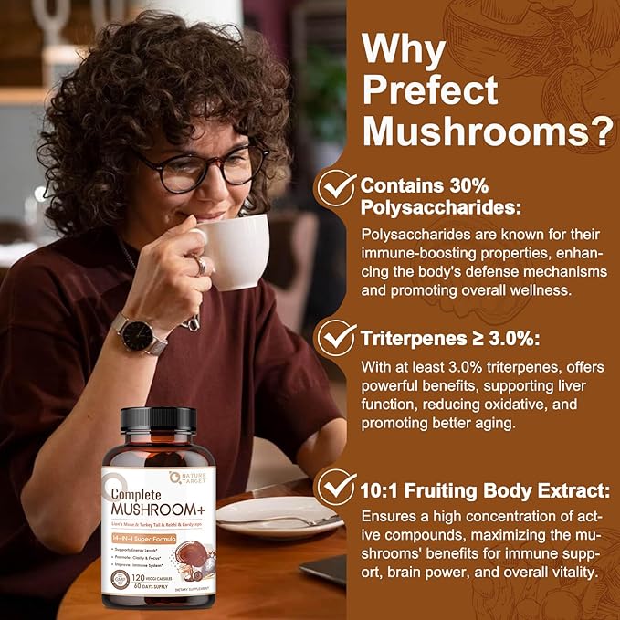Mushroom Supplement, Mushroom Complex with Lion's Mane, Turkey Tail, Reishi, Cordyceps, Shiitake, 14-in-1 Mushrooms for Memory and Focus, 120 Capsules