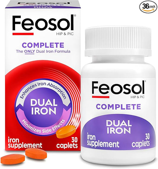 Feosol Complete Iron Supplement Caplets, Bifera Iron for High Absorption, Heme and Non-Heme Dual Action Minimizes Side Effects, 1 Per Day, for Energy and Immune System Support, 30 Count (Pack of 36)