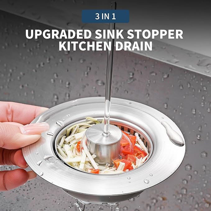 3-in-1 Kitchen Sink Drain Strainer Stopper – 304 Stainless Steel Pop Up Sink Plug with Filter Basket, Anti-Clog Design, Fits 3-1/2” US Standard Kitchen Sink Drains