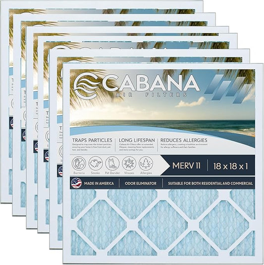 Cabana Filters 18x18x1 AC Furnace Air Filter, Merv 11 Capture Unwanted Particles, Pleated Furnace Filter HVAC AC Filters - Made in the USA - 6 Pack