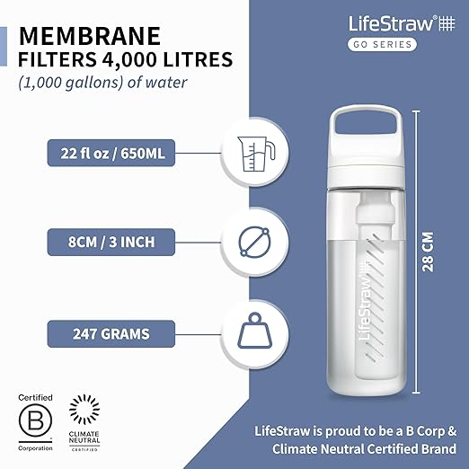 LifeStraw Go Series – BPA-Free Water Filter Bottle for Travel and Everyday use removes Bacteria, parasites and microplastics, Improves Taste, 22oz; Clear