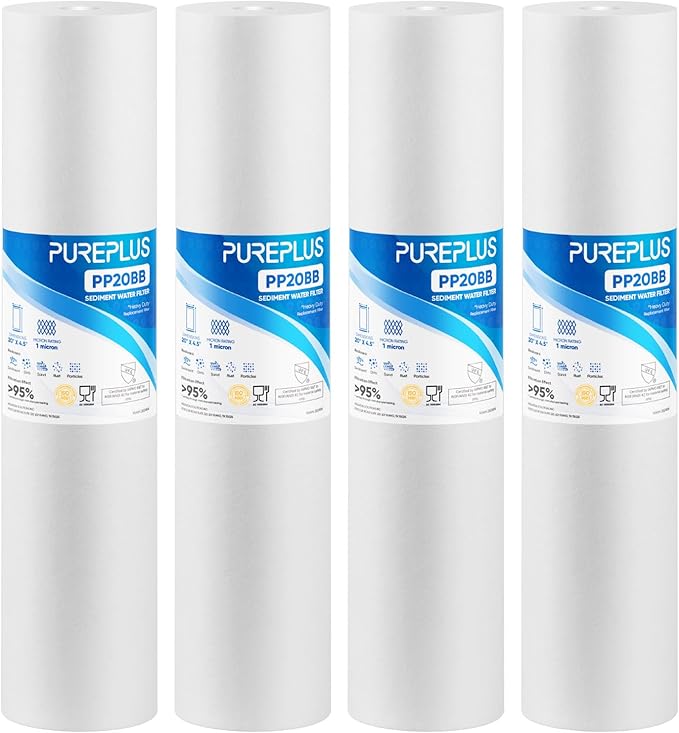 PUREPLUS 1 Micron 20" x 4.5" Whole House Sediment Home Water Filter Replacement Cartridge, Compatible with DGD-5005-20, AP810-2, P5-20BB, FP25B, FPMB5-20, 155358-43, SDC-45-2005, 4 Pack